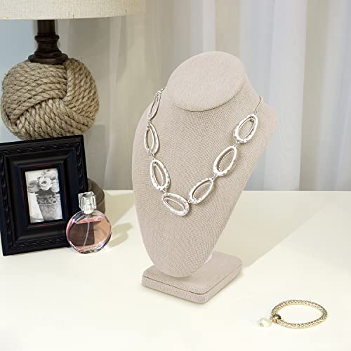 MOOCA Linen Covered Wood Jewelry Display Necklace Chain Jewelry Bust Display Holder Stand, Necklaces Bust Mannequin, 6 3/8 W x 4 1/4 D x 10 H in, Tan Linen - color: 9) Tan Linen, 1 piece
