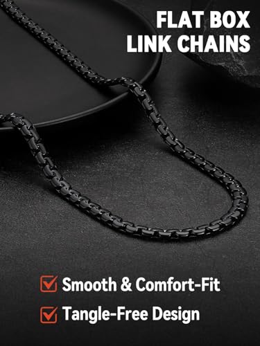 FaithHeart Mens Black/Silver/Gold Stainless Steel Flat Box Link Chain Necklace, Stylish 2/4/6/8mm Width Box Chains Necklaces for Men Non Tarnish Hip Hop Chain Jewelry Gifts,14"-30" Length - color: 2mm Width-Black, size: 30 Inches Length