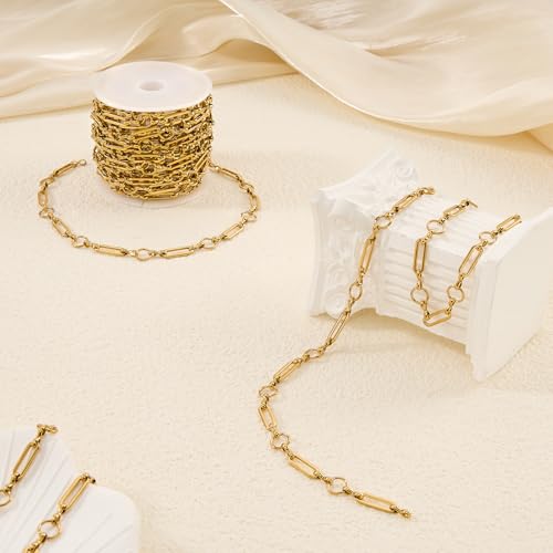 YOUBEIYEE 4 Meters Gold Plated Chains for Jewelry Making Stainless Steel Circle Paperclip Chain Roll with Jump Rings and Lobster Clasps - color: Circle Paperclip Gold