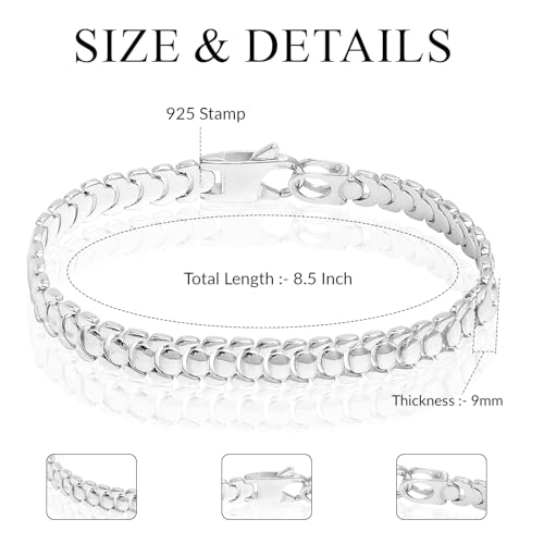 LeCalla Handmade Sterling Silver Mens Bracelets | Solid Italian 925 Chain Bracelets | Classic Designs Chain Bracelets for Men | Men's Silver Bracelet Gift for Dad, Boyfriend, Son - style: 8.5" Snake Back Pattern