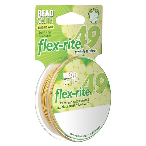 The Beadsmith Flex-Rite Beading Wire - 49-Strand Nylon-Coated Stainless-Steel Wire, 0.024" (0.60 mm) Dia, Metallic Gold, 30 ft Spool, Necklace & Bracelet String, for Jewelry Making Supplies - color: Metallic Gold, size: .024” Dia - 30 ft