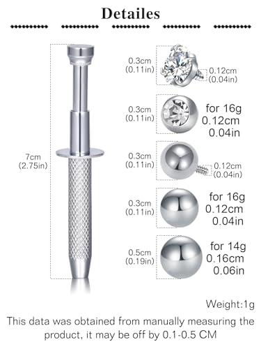 QWALIT Piercing Taper Threadless Insertion Tool - Titanium Labret Pin 16g, 18g, 20g - color: 21 - Silver Ball Grabber Tool+Ball