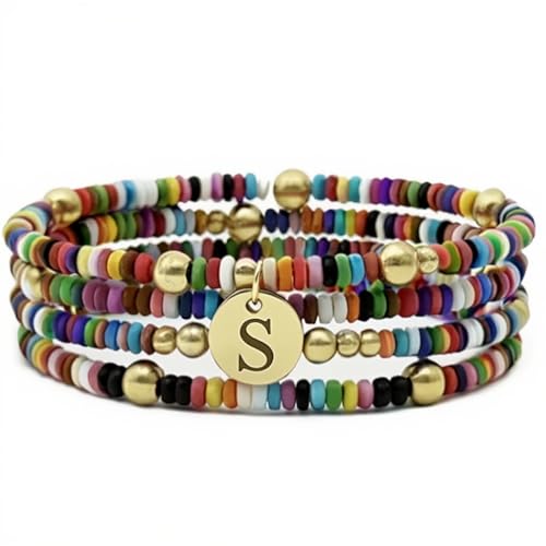 Set of 4 Colorful Bead Initial Bracelets, Personalized Stackable Jewelry, Adjustable Stretchy Charm Bracelets for Women, Beaded Bracelet Set, Trendy Custom Jewelry Gift - style: Colorful Bead - S