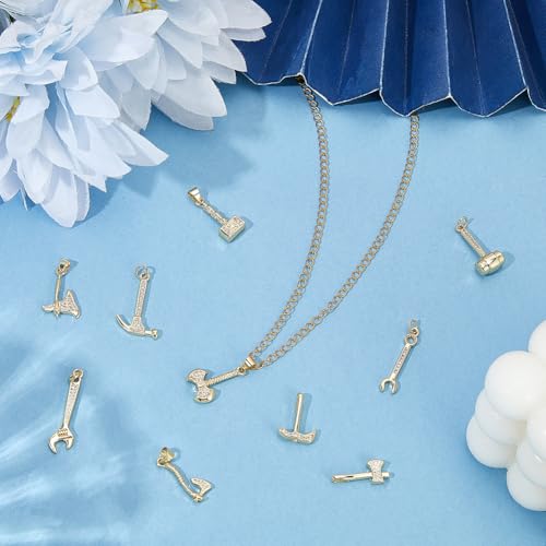 Beebeecrfat 12Pcs 12 Styles Gold Tool Pendant Charms Mini 18K Gold Plated Brass Cubic Zirconia Wrench & Plier & Hammer & Axe Home Tool Charms for Jewelry Making Necklaces Bracelets Earring DIY Crafts - color: Gold