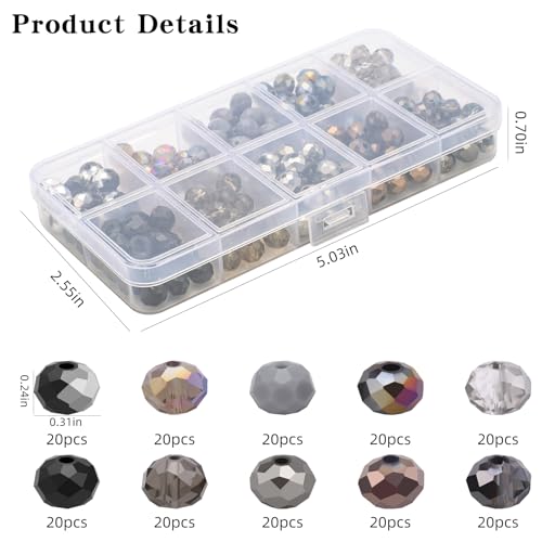 200pcs 8MM Faceted Rondelle Glass Beads for Jewelry Making, Briolette Crystal Glass Beads Plated Round Loose Spacer Beads for DIY Supplies Bracelets Necklaces Earrings (Black Grey) - color: Black Grey