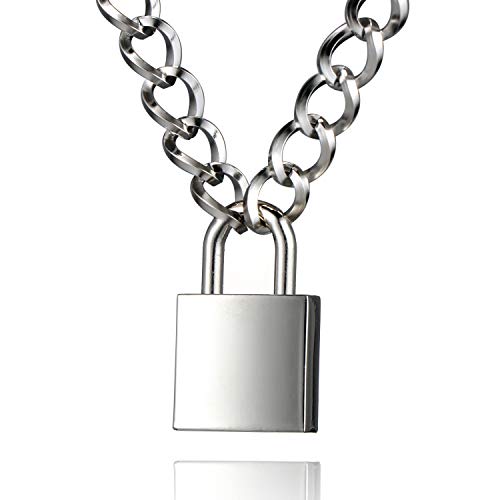 DIBOLA Padlock Necklace Stainless Steel Lock Chain for Men Women Silver 18-24 inch - color: Silver3