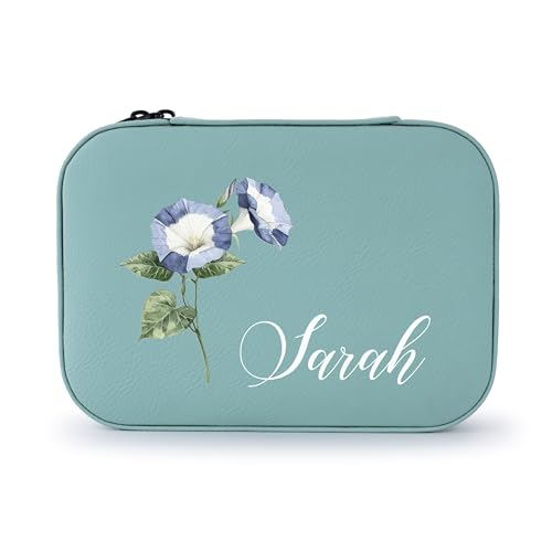 Custom Leather Jewelry Box with Name & Birth Flower Month, Birthday Gifts for Women, Personalized Jewelry Travel Case - Customized Jewelry Organizer Box, Mom Birthday Gifts, Lime - color: Lime