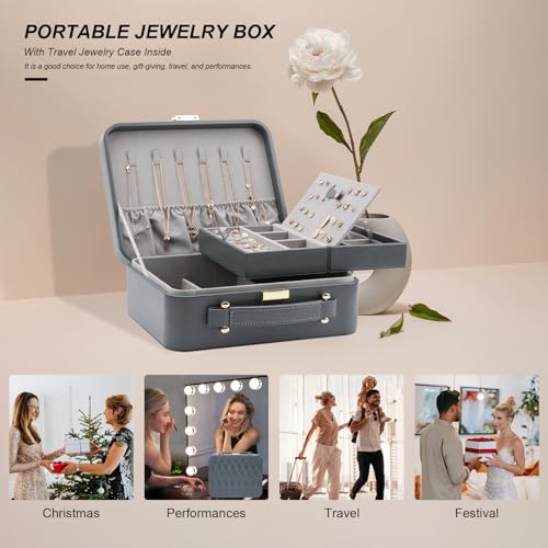 Travel Jewelry Case Large, Jewelry Box Large Jewelry Travel Organizer Jewelry Case with Handle, Best Gift for women Girls, Grey - color: Modern Grey