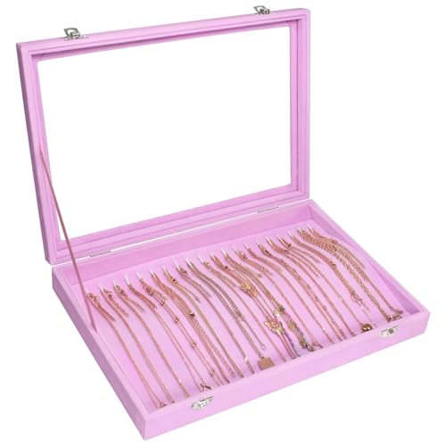 Siveit Necklace Organizer Box Premium 20 Hooks Velvet Necklace Display Jewelry Tray with Transparent Lid Jewelry Necklace Display Box for Necklace Pendants Suitable for Women and Girls (Pink) - color: Pink