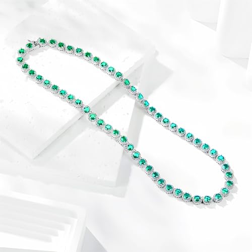 Gemsme 18K White Gold Plated Halo Necklace 5.0mm Round Cubic Zirconia Classic Tennis Necklace - color: White Gold - Green, size: 22 inch