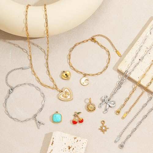 20 PCS Paperclip Chain Bracelet Necklace Kit Stainless Steel Charm Bulk Chains with Extender for DIY Jewelry Making Supplies Accessories (Gold + Steel - color: 3x7.5mm Gold Silver