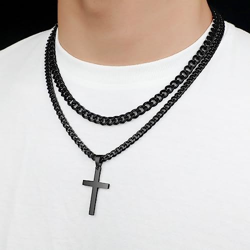 SENRAN Layered Cross Necklace for Men Boys Stainless Steel Layered Cuban Link Chain 16-24 inch Christian Cross Pendant Religious Jewelry Gifts - color: Black, style: 22inch/24inch