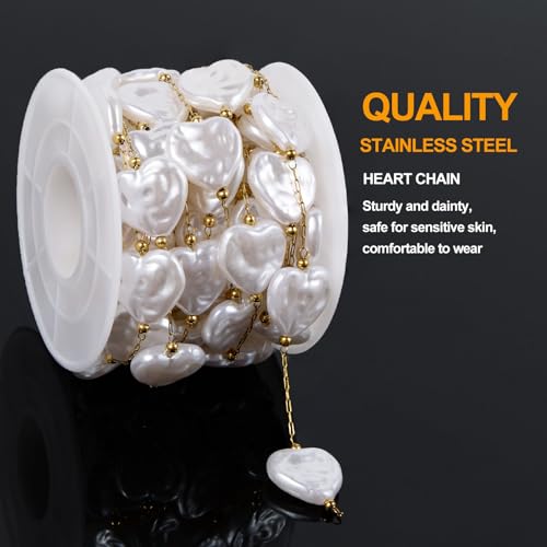 KYUNHOO 9.8FT/3M Gold Chains for Jewelry Making Stainless Steel Heart Chain Imitation Pearl Jewelry Link on Bulk for Women DIY Handcrafts - color: Heart Gold