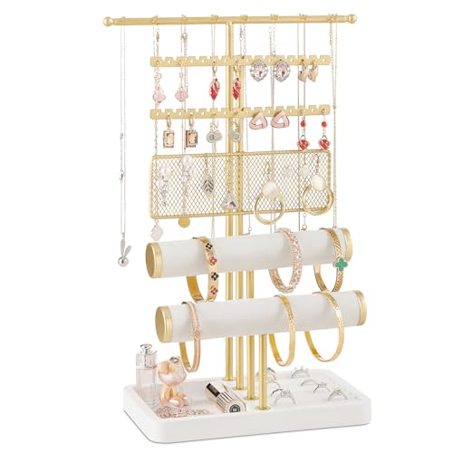 Poyilooo 4 Tier Jewelry Organizer, Earring Holder Jewelry Stand for Necklace Earring Keychains Bracelet Rings Display Jewelry Tree Stand Christmas Gifts for Women (Whitegold) - color: White&gold