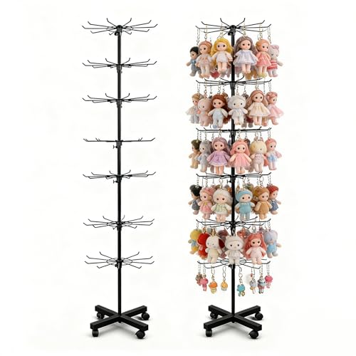 Retail Display Stand 7-Tier 360° Rotating Rack Shelves Retail Show Displays,Adjustable Height & Locking Wheel Store Display for Toys Jewelry Keyring Socking Hats Snacks Nail Accessories (Black,Metal)