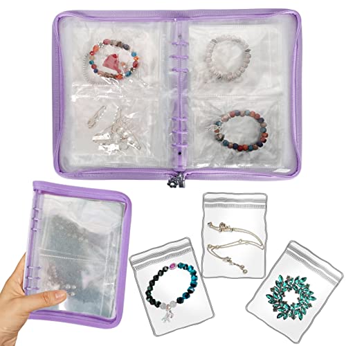 Bracelet Holder Travel Jewelry Organizer Case Transparent Jewelry Storage Book for Earring Necklace Ring with Small Clear Zippered Pouch - color: Purple,48 PCS Large Bags