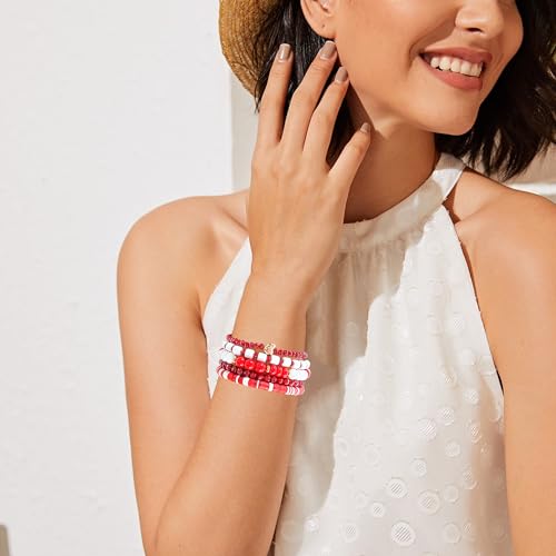 RISHEGAE Heishi Beaded Stretch Bracelets for Women Stackable Polymer Clay Beads Bracelets Friendship Boho Summer Beach Bracelet Jewelry Set - color: C-Red Bracelet
