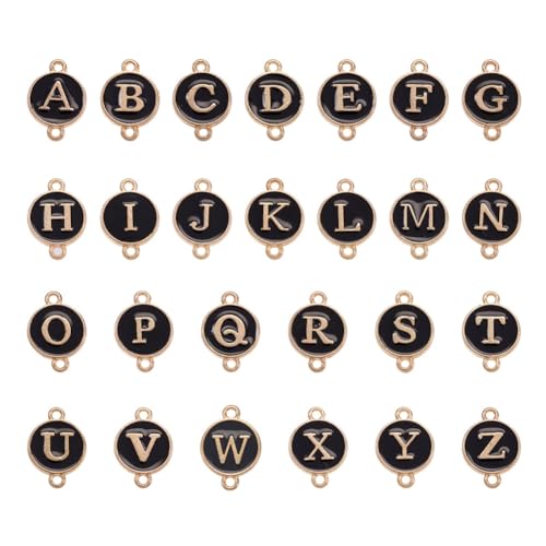 KISSITTY Flat Round with Alphabet Connector Charms Alloy Enamel Letter Links Connectors for DIY Bracelet Earring Jewelry Making - color: Black