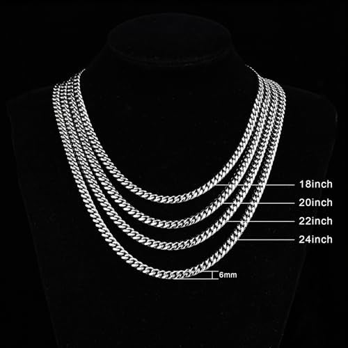 4/6mm Cuban Link Chains for Men - Gold/Silver Plated Stainless Steel Miami Curb Chain Necklace - No Tarnish Hip Hop Mens Jewelry, 18"/20"/22"/24" - color: 6MM Silver Chain, size: 24inch
