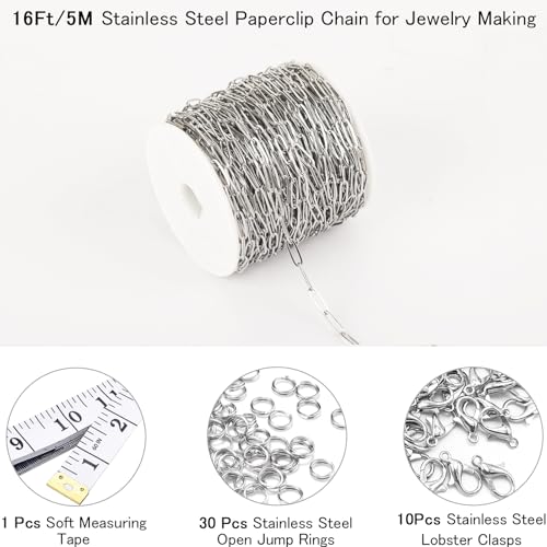 16Ft Stainless Steel Paperclip Chain for Jewelry Making, 2.5mm Width Silver Paper Clip Link Chains Roll for DIY Necklace Bracelet Craft Jewelry Making Supplies with Lobster Clasps Soft Tape Measure - color: Paperclip 2.5mm Silver