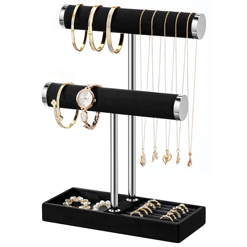 bussdis 2 Tier Bracelet Holder Display - Detachable T Bar Black and Silver Velvet Bracelet Holder, Jewelry Holder Organizer for Bracelet, Necklace, Earrings, Rings - color: Black and Silver