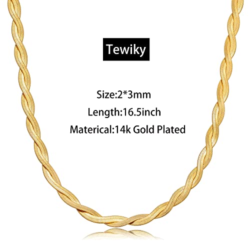 Tewiky Layered Necklaces for Women Non Tarnish- Chunky 14k Gold Plated Herringbone/Snake/Rope/Box/Cuban Link Chain for Women Waterproof Layering Stack Choker Necklace Trendy Dainty Tarnish Free Jewelry Set - color: Twisted Herringbone 2x3mm/16.5inch Gold