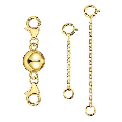 Magnetic Necklace Clasps and Closures 14K Gold Plated 925 Sterling Silver Necklace Extender Magnetic Jewelry Clasps for Bracelet Extenders - color: B-14K Gold