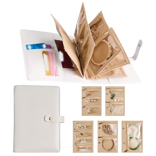 Women’s Travel Jewelry Case - Jewelry Boxes PU Leather Ring Binder Organizer with Zipper Velvet Jewelry Pouches Bags - Cream White - color: Flatpattern_cream White
