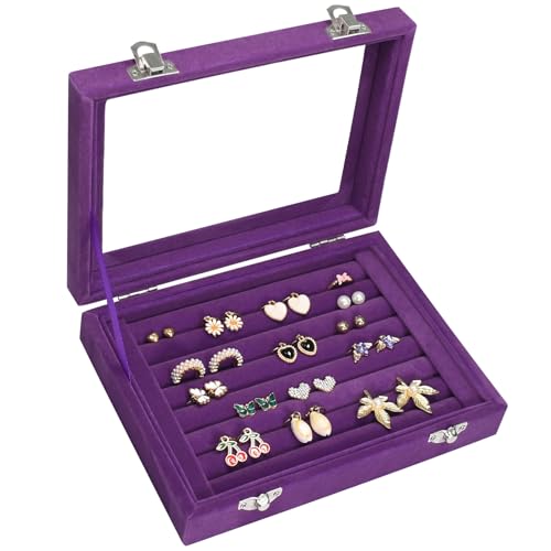 Vicoter Rings Organizer Tray 7 Slots Velvet Jewelry Earring Storage Box with Transparent lid Jewelry Display Case for Girls Wife Mom Women (Purple) - color: Purple