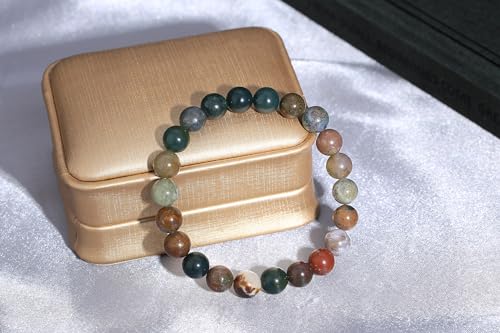 MAIBAOTA Healing Crystal Bracelet for Women Men, 8/4 mm Natural Stone Beaded Bracelets, Jewelry Birthday Gifts, Round Gemstones Stretch Bracelets - color: Multi-Indian Agate, size: 8 mm