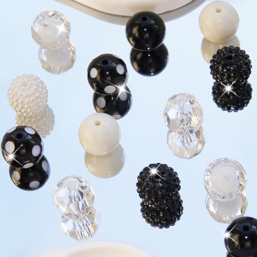 48 Pcs 20mm Beads for Pens Rhinestone Bubblegum Beads Mixed Crystal Acrylic Round Chunky Bead Sparkly Craft Large Balls Bead for Pen Beadable Keychain Bracelet Necklace DIY Jewelry Making Supplies - color: Black series