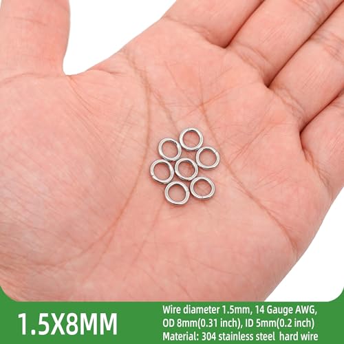 100PCS 8mm 1.5mm Thick Heavy Duty 14 Gauge Stainless Steel Jump Rings, Unwelded Metal Round Strong Craft O Ring for Necklace Bracelet Keychain Chainmail Jewelry Making - size: 8mm Od-1.5mm Thick-14 Gauge(100pcs)