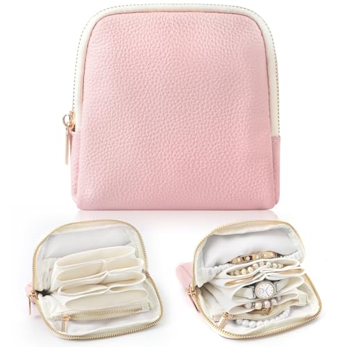 Genuine Leather Travel Jewelry Organizer Case Pouch Bags with Zipper, Small Mini Portable Jewelry Storage Bag for Ring Earrings Necklace Bracelet Travel Essentials Gift for Women（Pink） - color: Lychee Grain Leather Pink
