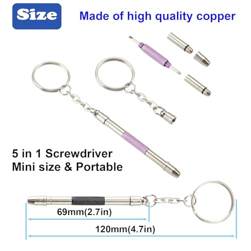 Glasses Repair Kit with Precision 5 in 1 Mini Screwdrivers Set Keychain for Eyeglasses, Sunglasses, Jewelry, Watch, Electronics, Toy, Eye glass Repairing Kit, Hex, Phillips, Flat Head (2pcs Purple) - color: 2pcs Purple