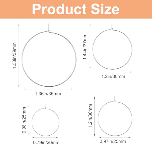 120 Pcs Earring Making Hoops, 20mm 25mm 30mm 35mm Earring Hoops for Jewelry Making, Round Hoop Earrings Findings, Wine Glass Charm Rings Open Earrings Beading Hoop for DIY Jewelry Crafts (Silver)