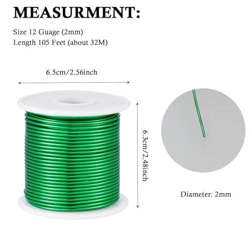 12 Gauge Green Aluminum Craft Wire (105FT) - Anodized for Jewelry Making, Beading Floral, Plant Gardening, Sculpting & Modeling Craft Wire (Green #25, 2mm) - color: Green #25