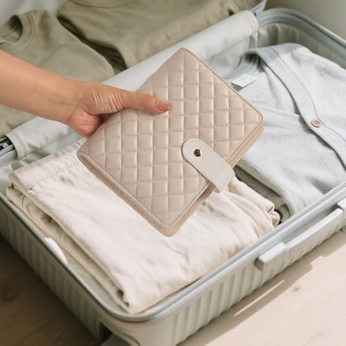 PU Leather Jewelry Binder Organizer Box - Bracelet Earring Rings Necklaces Jewelry Boxes Travel Case with Zipper Velvet Pouch Bags, Gift for Women - Cream White - color: Cream White_quilted Diamond Pattern