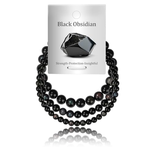 3Pcs Natural Healing Crystal Bracelets for Women Men, 4mm 6mm 8mm Beaded Stretch Bracelet Set, Black Tourmaline Natural Stone Gemstone Jewelry Gifts for Meditation, Reiki & Yoga - color: Black Obsidian