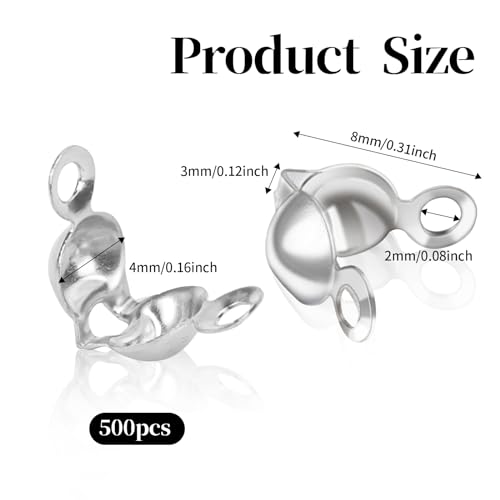 500Pcs Metal Bead Tips Knot Covers, Crimp Beads for Jewelry Making, Knot Covers Bead Tip Knot Covers Crimp Bead Covers, Ends Knot Covers for DIY Bracelet Jewelry Making(Silver)