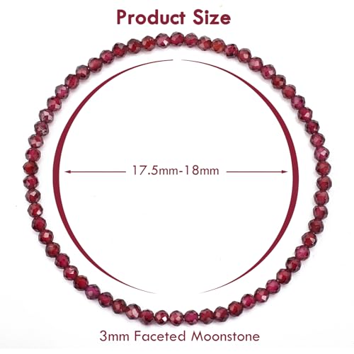 BONNY BOXX Natural Genuine Gemstone Faceted Round Beads Bracelets, 3mm Adjustable Stretchy Tiny Faceted Black Tourmaline Bracelet, Healing Crystal Reiki Chakra Dainty Jewelry Fashion Gifts - color: Garnet