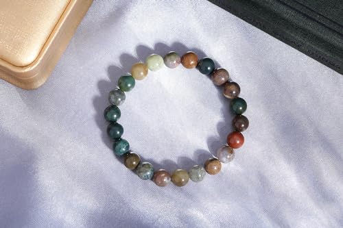 MAIBAOTA Healing Crystal Bracelet for Women Men, 8/4 mm Natural Stone Beaded Bracelets, Jewelry Birthday Gifts, Round Gemstones Stretch Bracelets - color: Multi-Indian Agate, size: 8 mm
