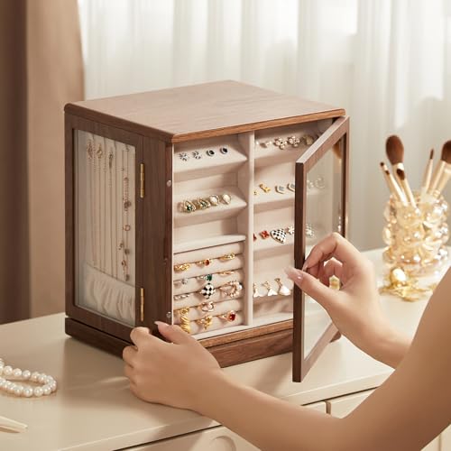 CHOSIN Black Walnut Wooden Jewelry Box, 360° Rotating Organizer with Glass Lid, 5 Drawers for Earrings, Rings, Necklaces – Vertical Jewelry Storage for Women Mothers Day Gifts for Mom - style: 360° Rotatable