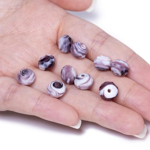 7.5×10mm 50pcs Purple White Faceted Lampwork Glass Beads for Jewelry Making, Flat Round Handmade Murano Beads for Bracelets, Crafts, Friendship Bracelet Kit, Rosary Making - color: Purple White