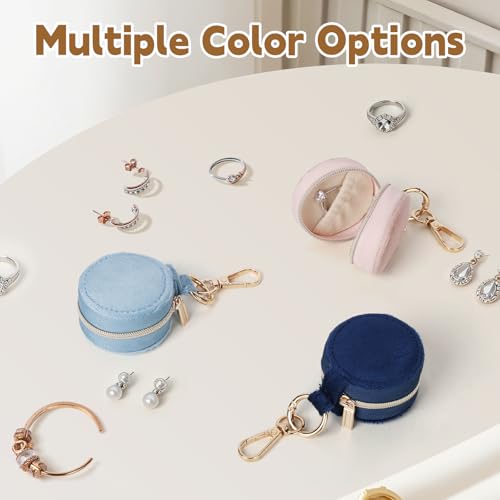 Jewelry Ring Holder Keychain, 2 Pack Velvet Jewelry Holder Storage Box with Buckle, Portable Small Travel Ring Keeper Case for Rings, Earrings, Stud, Necklaces (Pink+Dark Blue) - color: Pink+Dark Blue
