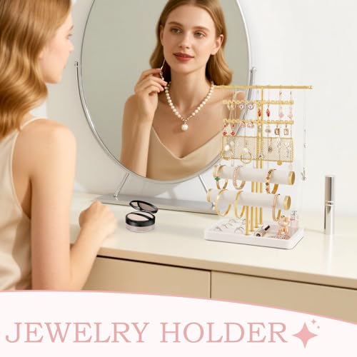 Poyilooo 4 Tier Jewelry Organizer, Earring Holder Jewelry Stand for Necklace Earring Keychains Bracelet Rings Display Jewelry Tree Stand Christmas Gifts for Women (Whitegold) - color: White&gold