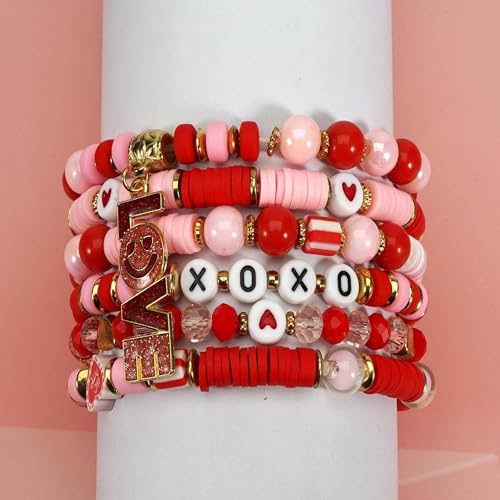 6PCS Valentine’s Day Clay Heishi Bracelet Set for Women- Red Pink Heart Love KISS XOXO Beaded Stretch Bracelets - Handmade Polymer Clay Crystal Glass Stackable Jewelry Gift for Galentine's Anniversary - color: LOVE-08