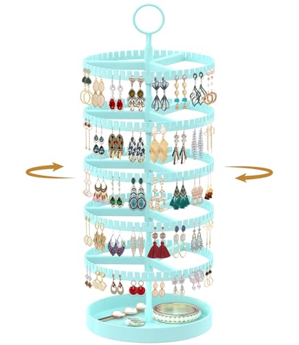 MODOWEY 5 Tier Rotating Earring Holder Organizer Display Tree with Metal Tray, Adjustable Plastic Stand with 285 Slots for Stud Hoop Hanger, Large Capacity Storage Rack for Women Space Saving, Blue - color: Light Blue