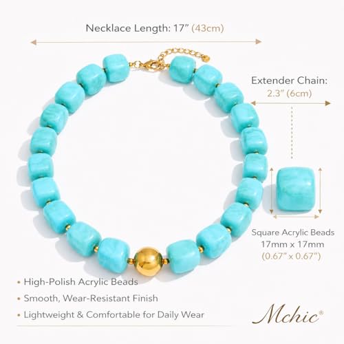 Mchic Colorful Beaded Choker Necklace for Women: Boho Large Square Acrylic Beaded Necklace Stainless Steel Adjustable Surfer Beach Strand Necklaces Summer Handmade Jewelry Gift for Women - color: Teal1