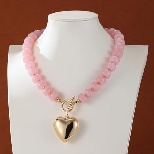 GZQ Chunky Gold Heart Necklace for Women, Resin Beaded Chain with Puff Heart Adjustable Clasp, Perfect for Daily Wear Party Date Streetwear Outfits Fashion Jewelry Gift - color: Pink