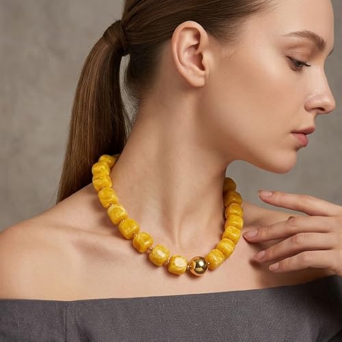 Mchic Colorful Beaded Choker Necklace for Women: Boho Large Square Acrylic Beaded Necklace Stainless Steel Adjustable Surfer Beach Strand Necklaces Summer Handmade Jewelry Gift for Women - color: Yellow